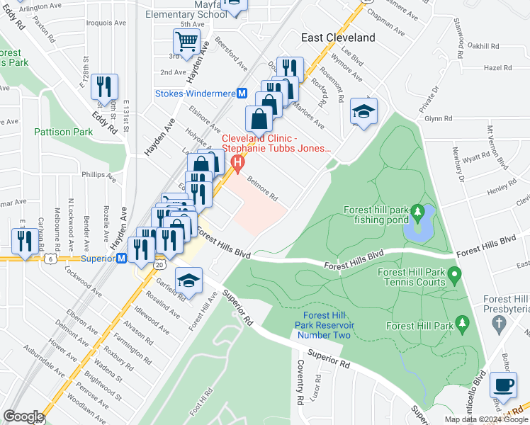 map of restaurants, bars, coffee shops, grocery stores, and more near 13951 Terrace Road in East Cleveland