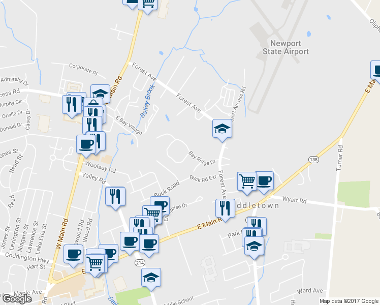 map of restaurants, bars, coffee shops, grocery stores, and more near 180 Bay Ridge Drive in Middletown