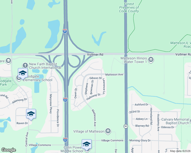 map of restaurants, bars, coffee shops, grocery stores, and more near 5004 Gibson Street in Matteson