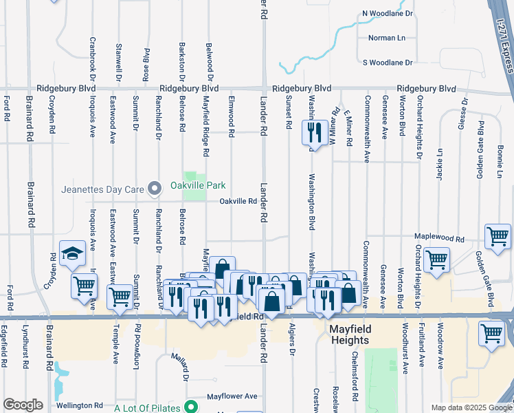 map of restaurants, bars, coffee shops, grocery stores, and more near 1322 Lander Road in Mayfield Heights