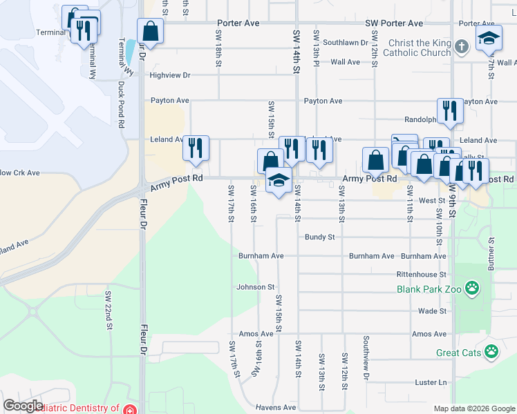 map of restaurants, bars, coffee shops, grocery stores, and more near 6605 Southwest 16th Street in Des Moines
