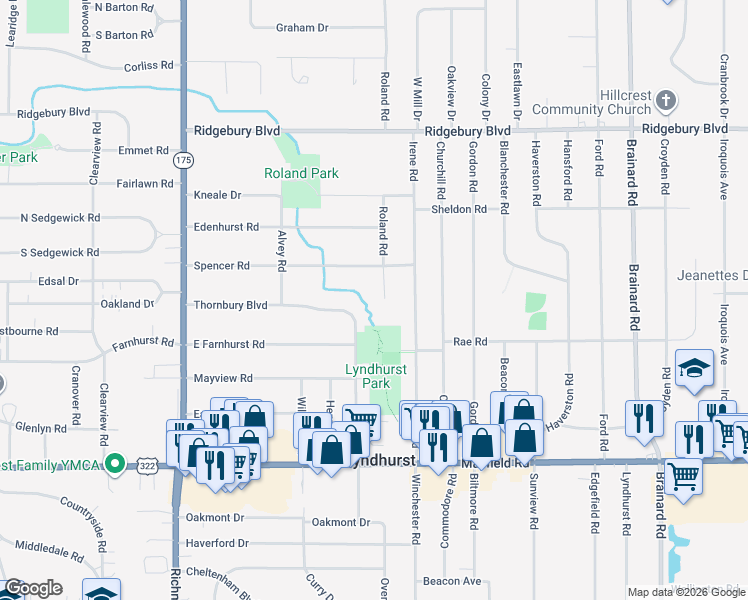 map of restaurants, bars, coffee shops, grocery stores, and more near 5275 Thornbury Boulevard in Lyndhurst
