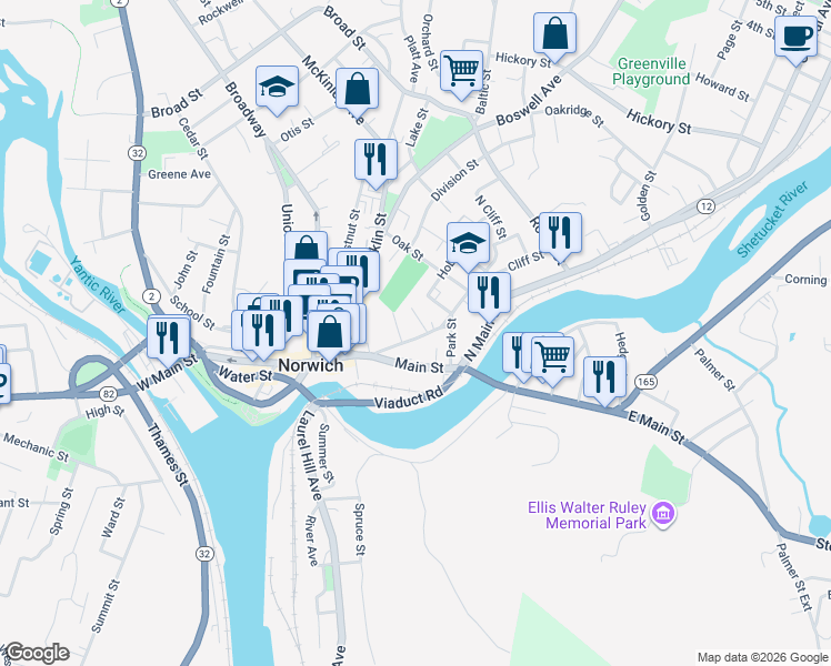 map of restaurants, bars, coffee shops, grocery stores, and more near in Norwich