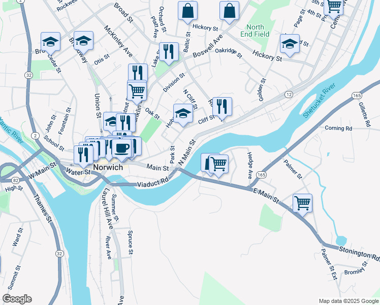 map of restaurants, bars, coffee shops, grocery stores, and more near 27 North Main Street in Norwich