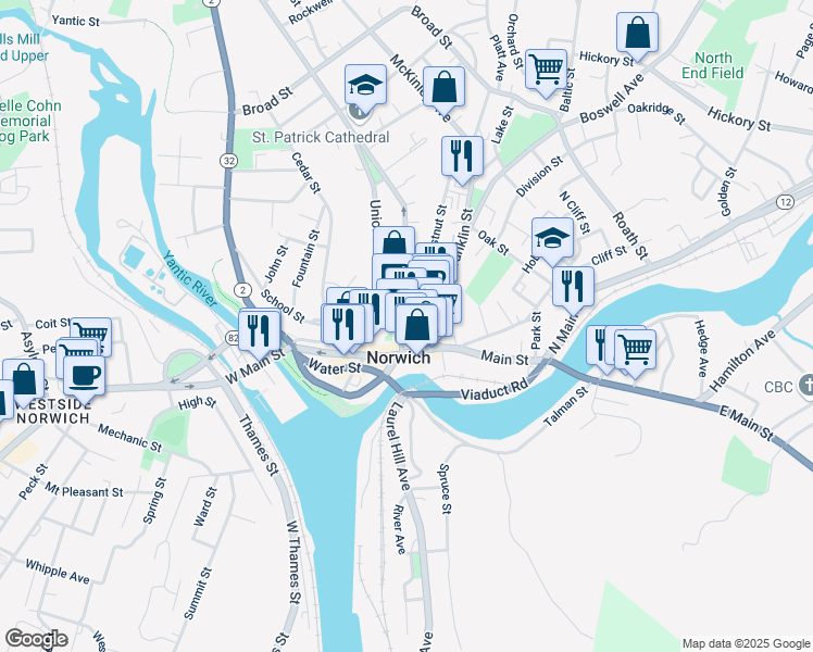 map of restaurants, bars, coffee shops, grocery stores, and more near 1 Franklin Street in Norwich