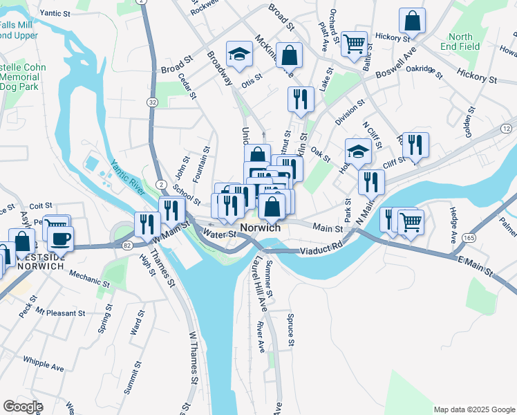 map of restaurants, bars, coffee shops, grocery stores, and more near in Norwich