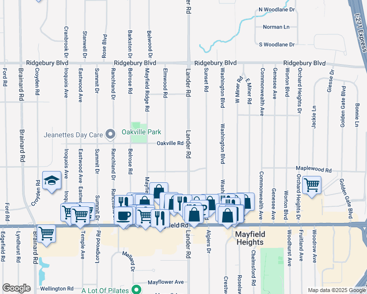 map of restaurants, bars, coffee shops, grocery stores, and more near 1322 Lander Road in Mayfield Heights
