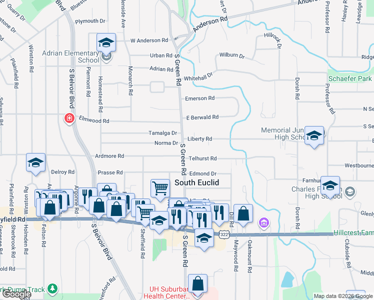 map of restaurants, bars, coffee shops, grocery stores, and more near 1299 South Green Road in South Euclid