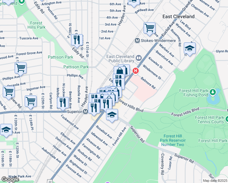 map of restaurants, bars, coffee shops, grocery stores, and more near 13618 U.S. 6 in East Cleveland