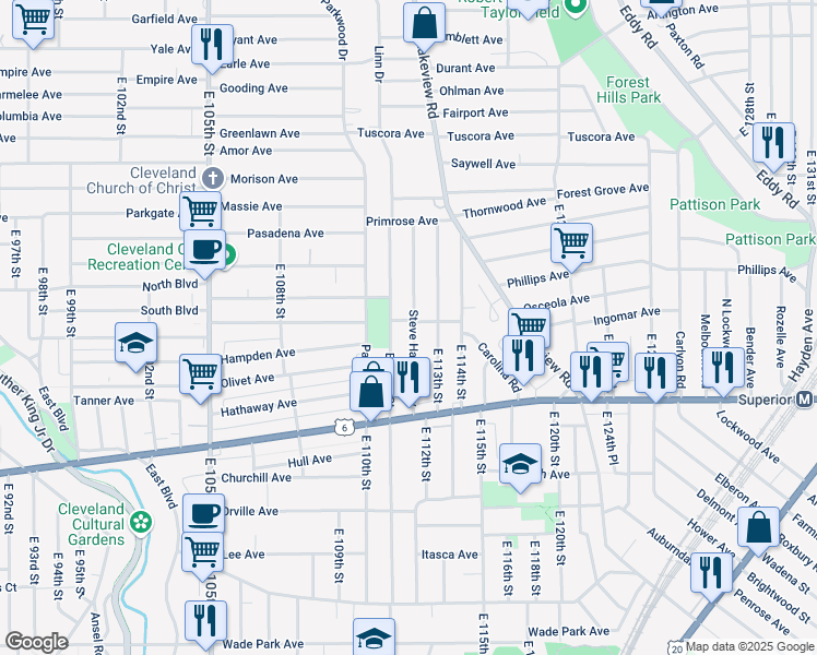 map of restaurants, bars, coffee shops, grocery stores, and more near 1219 Steve Harvey Way in Cleveland