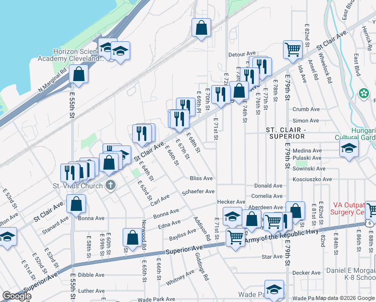 map of restaurants, bars, coffee shops, grocery stores, and more near 1096 East 67th Street in Cleveland