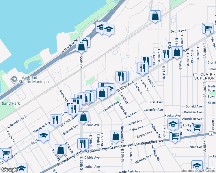 map of restaurants, bars, coffee shops, grocery stores, and more near 6205 Saint Clair Avenue in Cleveland