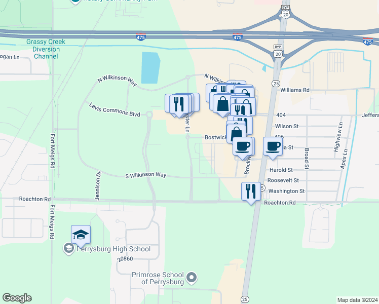 map of restaurants, bars, coffee shops, grocery stores, and more near 1000 Hollister Lane in Perrysburg