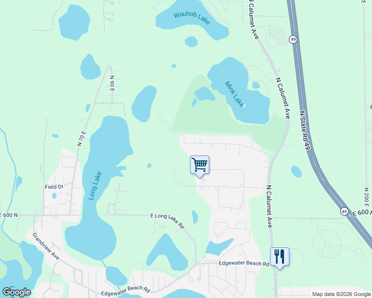 map of restaurants, bars, coffee shops, grocery stores, and more near 100-150 East 632 North in Valparaiso