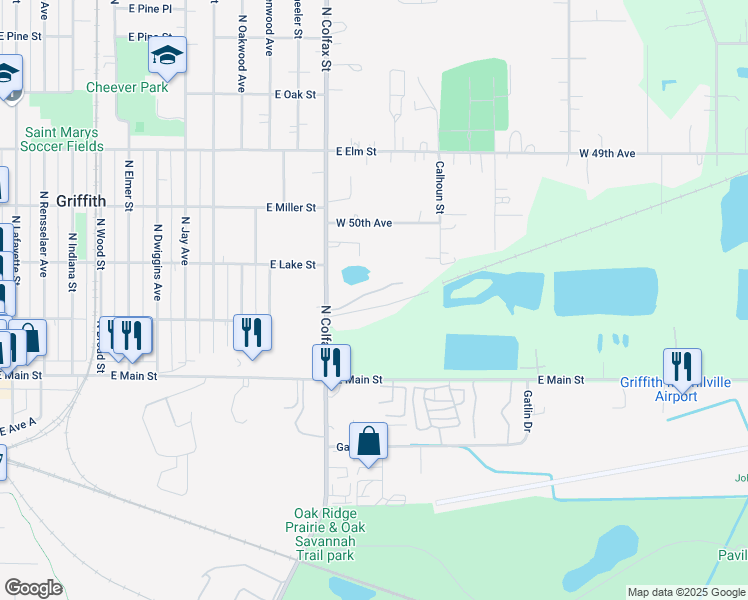 map of restaurants, bars, coffee shops, grocery stores, and more near 201 North Colfax Street in Griffith