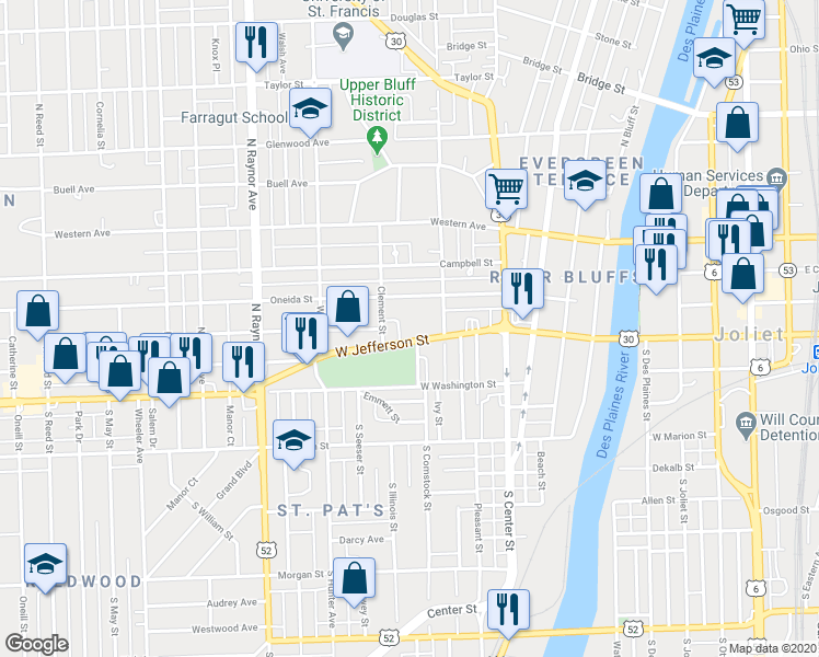 map of restaurants, bars, coffee shops, grocery stores, and more near 12 Garfield Street in Joliet