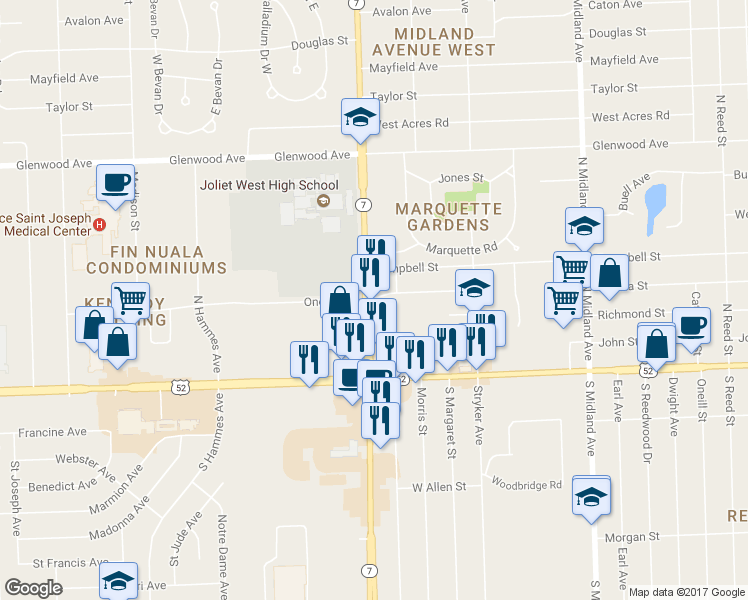 map of restaurants, bars, coffee shops, grocery stores, and more near 112 North Larkin Avenue in Joliet