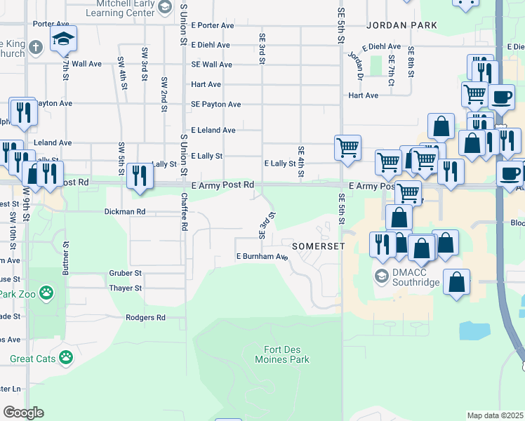 map of restaurants, bars, coffee shops, grocery stores, and more near 230 Bundy in Des Moines