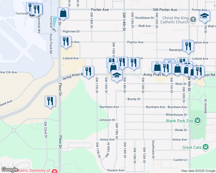 map of restaurants, bars, coffee shops, grocery stores, and more near 6605 Southwest 16th Street in Des Moines