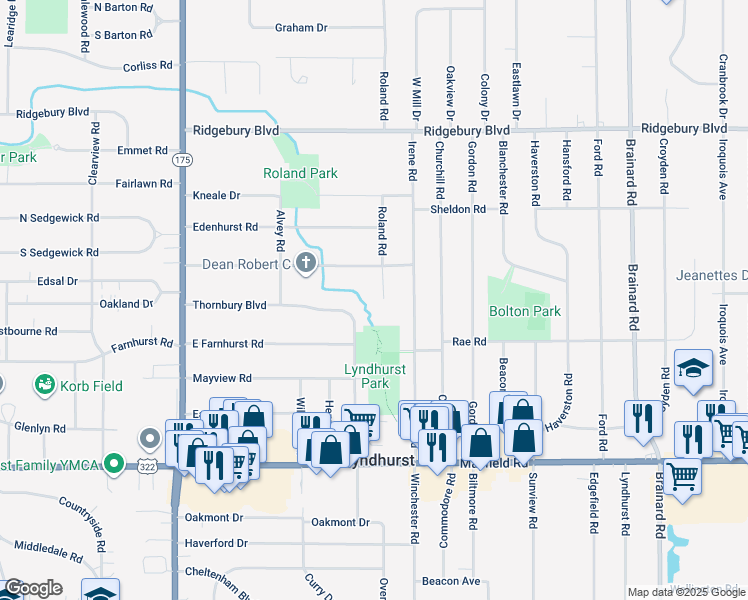 map of restaurants, bars, coffee shops, grocery stores, and more near 1270 Roland Road in Lyndhurst