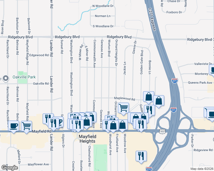 map of restaurants, bars, coffee shops, grocery stores, and more near 1323 Worton Boulevard in Mayfield Heights