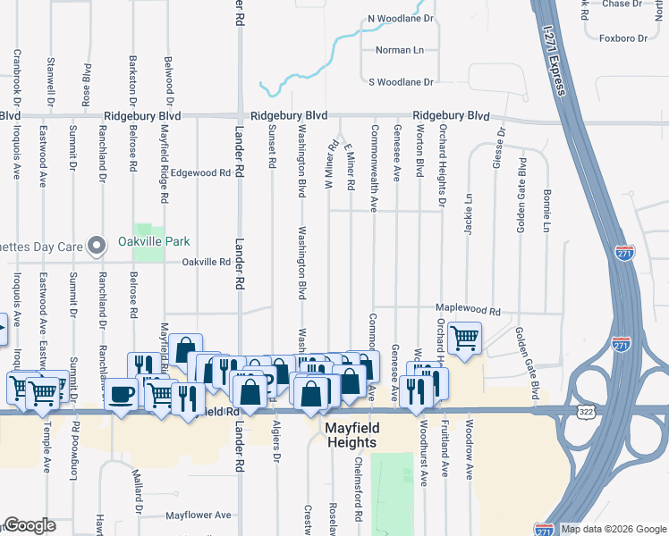 map of restaurants, bars, coffee shops, grocery stores, and more near 1319 West Miner Road in Mayfield Heights