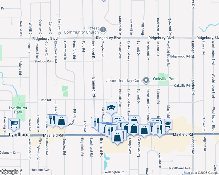 map of restaurants, bars, coffee shops, grocery stores, and more near 1286 Rae Road in Lyndhurst