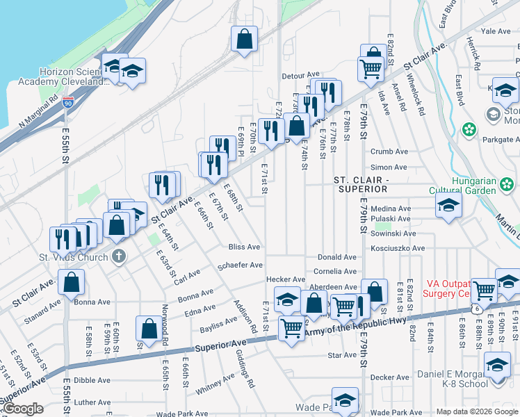 map of restaurants, bars, coffee shops, grocery stores, and more near 1097 East 68th Street in Cleveland