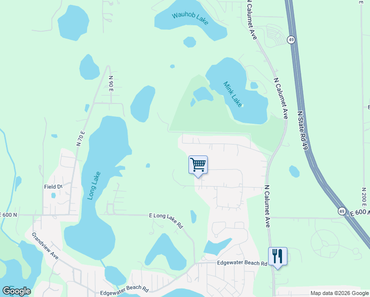 map of restaurants, bars, coffee shops, grocery stores, and more near 100-150 East 632 North in Valparaiso