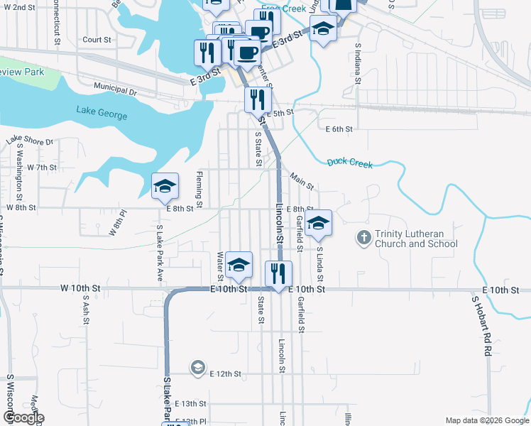 map of restaurants, bars, coffee shops, grocery stores, and more near 822 State St in Hobart