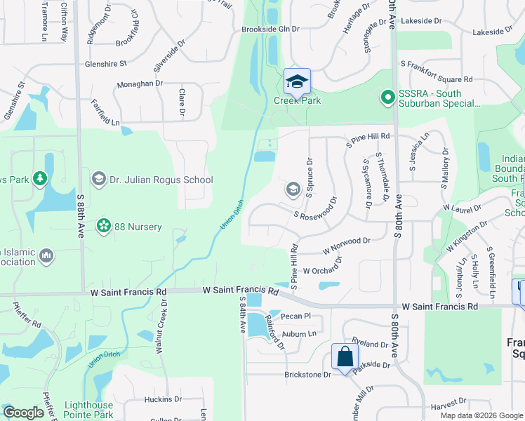 map of restaurants, bars, coffee shops, grocery stores, and more near 20237 Pepperwood Court in Frankfort