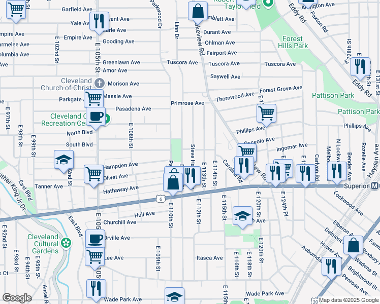 map of restaurants, bars, coffee shops, grocery stores, and more near 1219 Steve Harvey Way in Cleveland
