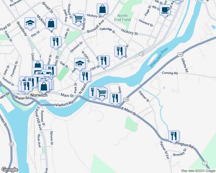 map of restaurants, bars, coffee shops, grocery stores, and more near 7 Rock Street in Norwich