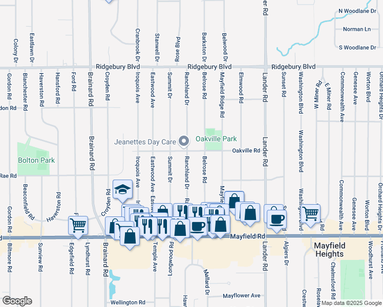 map of restaurants, bars, coffee shops, grocery stores, and more near 1271 Ranchland Drive in Mayfield Heights