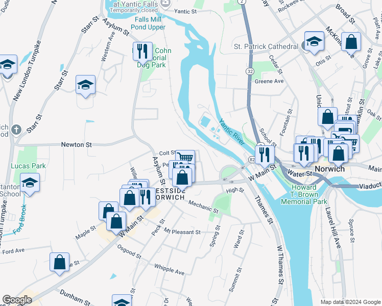 map of restaurants, bars, coffee shops, grocery stores, and more near 18 Coit Street in Norwich