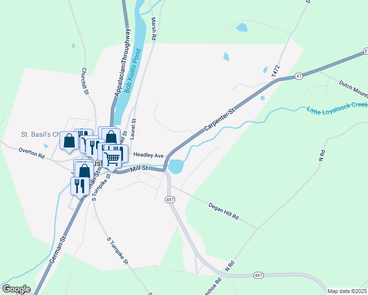 map of restaurants, bars, coffee shops, grocery stores, and more near 116 Carpenter Street in Dushore