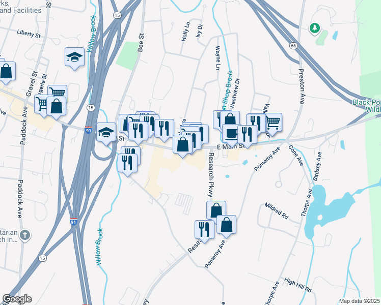 map of restaurants, bars, coffee shops, grocery stores, and more near 1231 East Main Street in Meriden