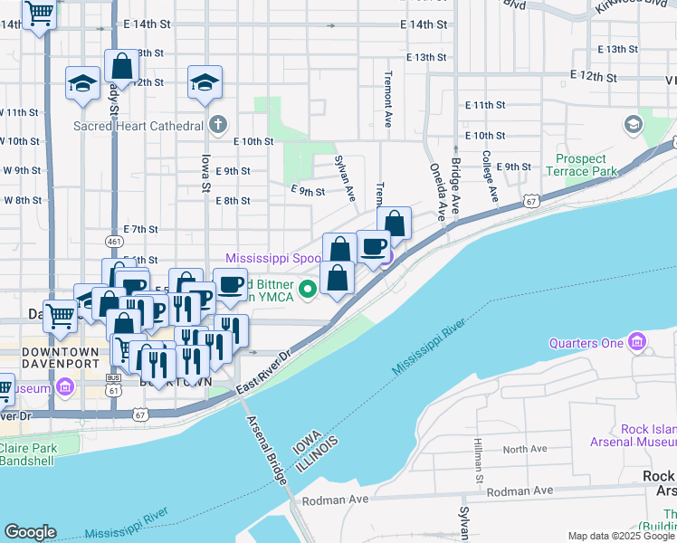 map of restaurants, bars, coffee shops, grocery stores, and more near 736 Federal Street in Davenport