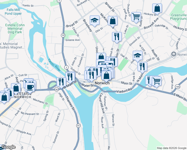 map of restaurants, bars, coffee shops, grocery stores, and more near 62 Church Street in Norwich