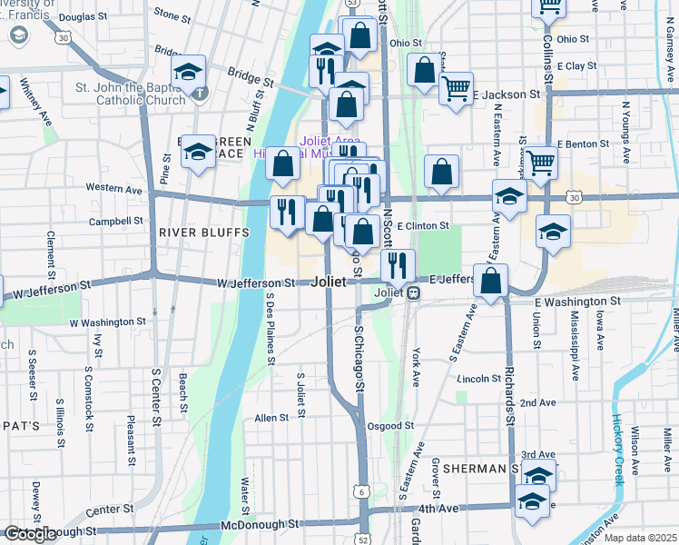 map of restaurants, bars, coffee shops, grocery stores, and more near 16 West Van Buren Street in Joliet