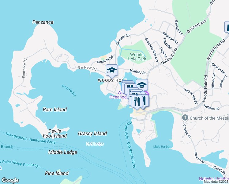 map of restaurants, bars, coffee shops, grocery stores, and more near 7 Mbl Street in Falmouth