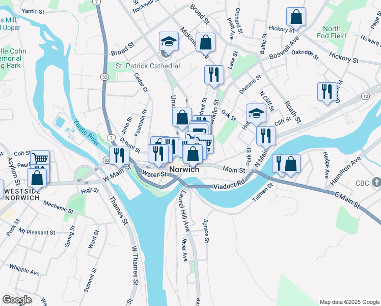 map of restaurants, bars, coffee shops, grocery stores, and more near 11 Chestnut Street in Norwich
