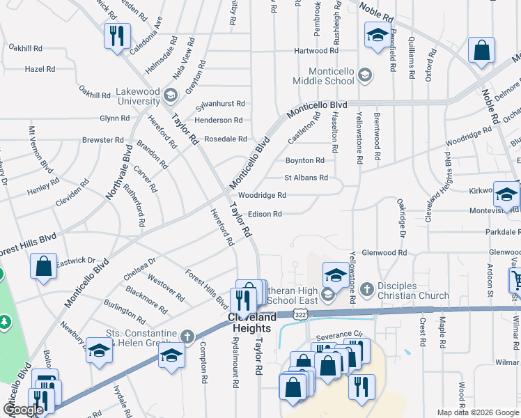 map of restaurants, bars, coffee shops, grocery stores, and more near 3467 Woodridge Road in Cleveland Heights