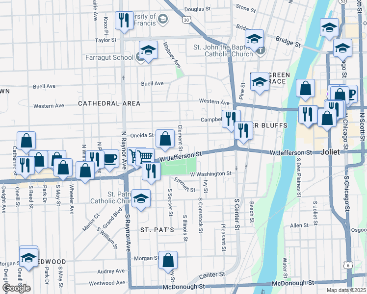 map of restaurants, bars, coffee shops, grocery stores, and more near 602 Oneida Street in Joliet
