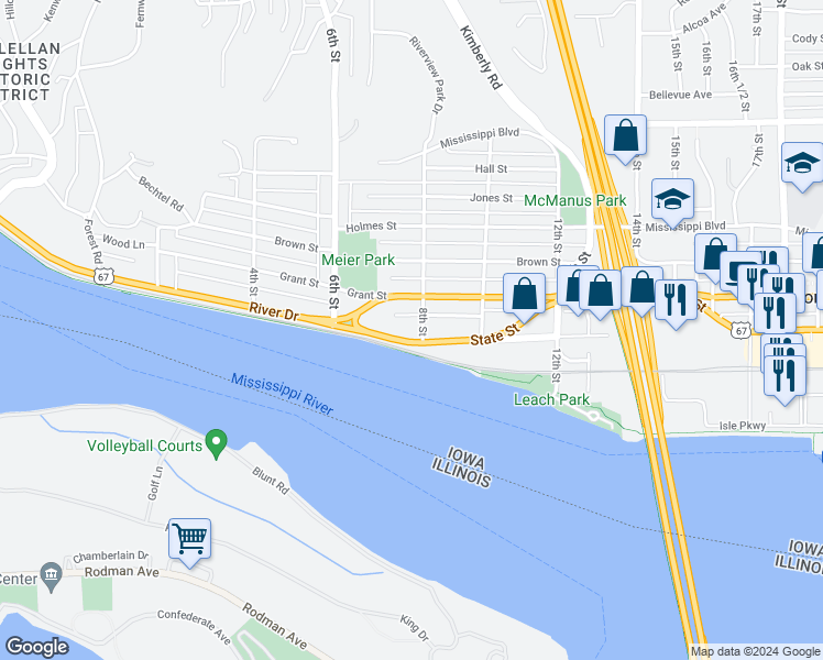 map of restaurants, bars, coffee shops, grocery stores, and more near 723 Grant Street in Bettendorf
