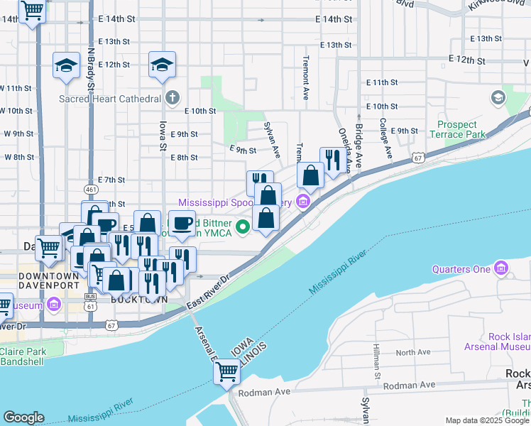 map of restaurants, bars, coffee shops, grocery stores, and more near 742 Charlotte Avenue in Davenport