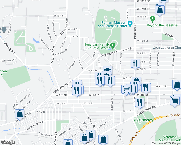 map of restaurants, bars, coffee shops, grocery stores, and more near 2104 West 6th Street in Davenport