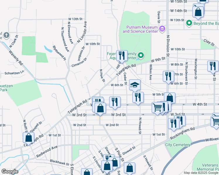 map of restaurants, bars, coffee shops, grocery stores, and more near 2104 West 6th Street in Davenport
