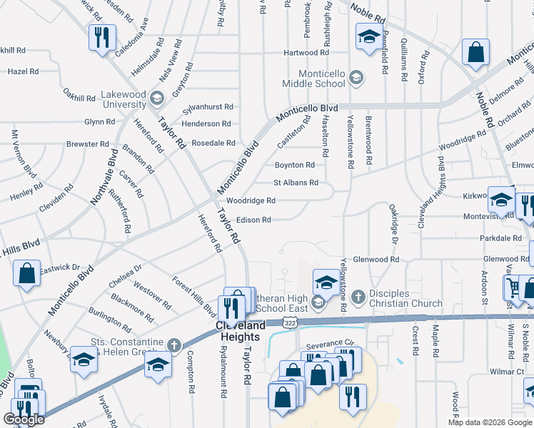 map of restaurants, bars, coffee shops, grocery stores, and more near 3467 Woodridge Road in Cleveland Heights