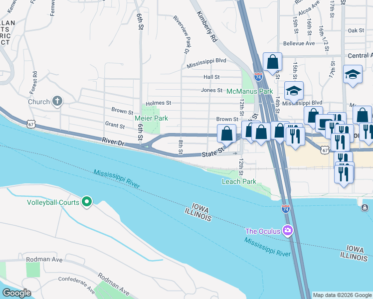 map of restaurants, bars, coffee shops, grocery stores, and more near 827 U.S. 67 in Bettendorf